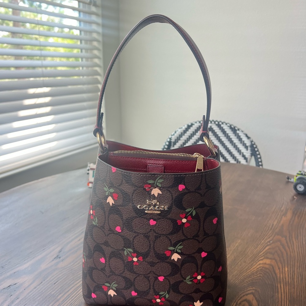 Coach Brown Signature Floral Bucket Shoulder Bag with Pink & Red Accents